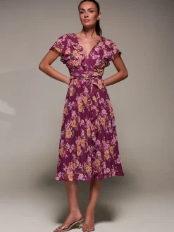 Printed Ruffle Detail Pleated Chiffon Midi, Fuchsia Floral