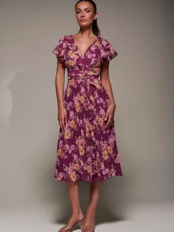 Printed Ruffle Detail Pleated Chiffon Midi, Fuchsia Floral