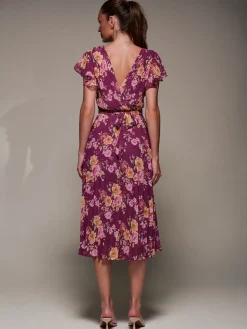 Printed Ruffle Detail Pleated Chiffon Midi, Fuchsia Floral