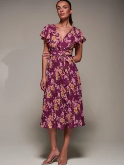 Printed Ruffle Detail Pleated Chiffon Midi, Fuchsia Floral