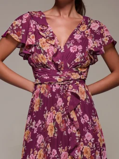Printed Ruffle Detail Pleated Chiffon Midi, Fuchsia Floral