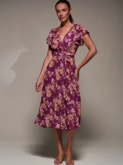 Printed Ruffle Detail Pleated Chiffon Midi, Fuchsia Floral
