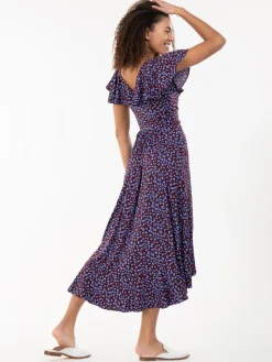 Printed Ruffle Dip Hem Jersey Maxi Dress, Burgundy Multi