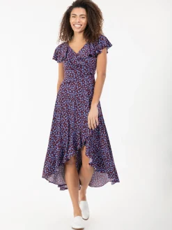 Printed Ruffle Dip Hem Jersey Maxi Dress, Burgundy Multi