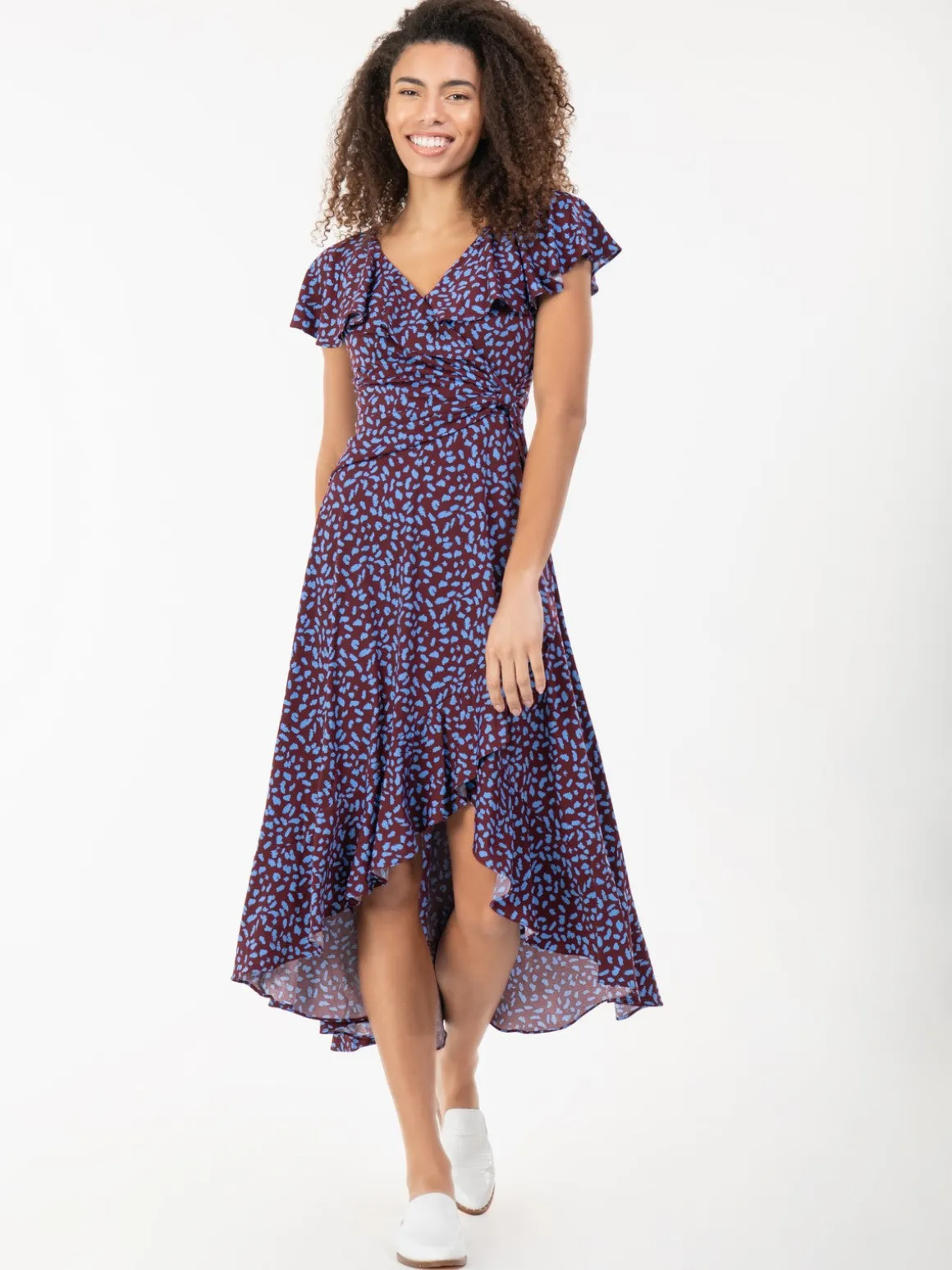 Printed Ruffle Dip Hem Jersey Maxi Dress, Burgundy Multi