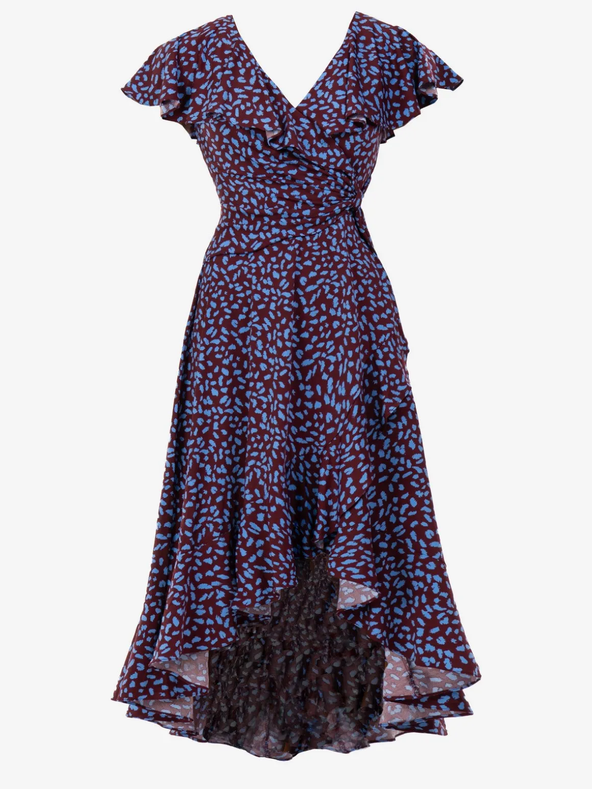 Printed Ruffle Dip Hem Jersey Maxi Dress, Burgundy Multi
