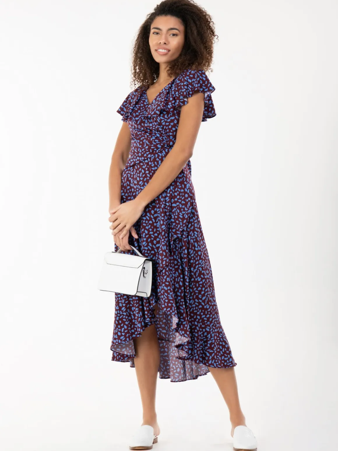Printed Ruffle Dip Hem Jersey Maxi Dress, Burgundy Multi