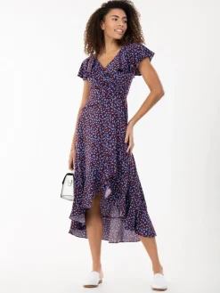 Printed Ruffle Dip Hem Jersey Maxi Dress, Burgundy Multi