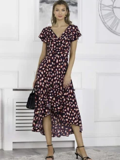 Printed Ruffle Dip Hem Maxi Dress, Navy Animal