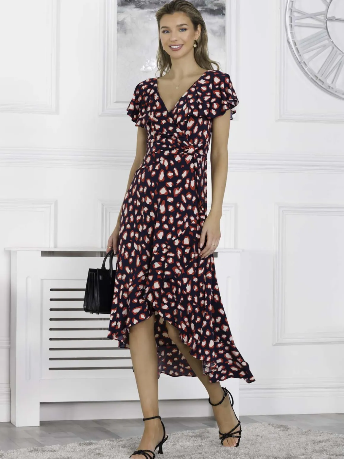 Printed Ruffle Dip Hem Maxi Dress, Navy Animal