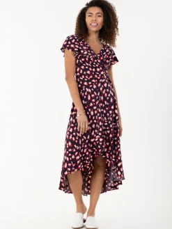 Printed Ruffle Dip Hem Maxi Dress, Navy Animal