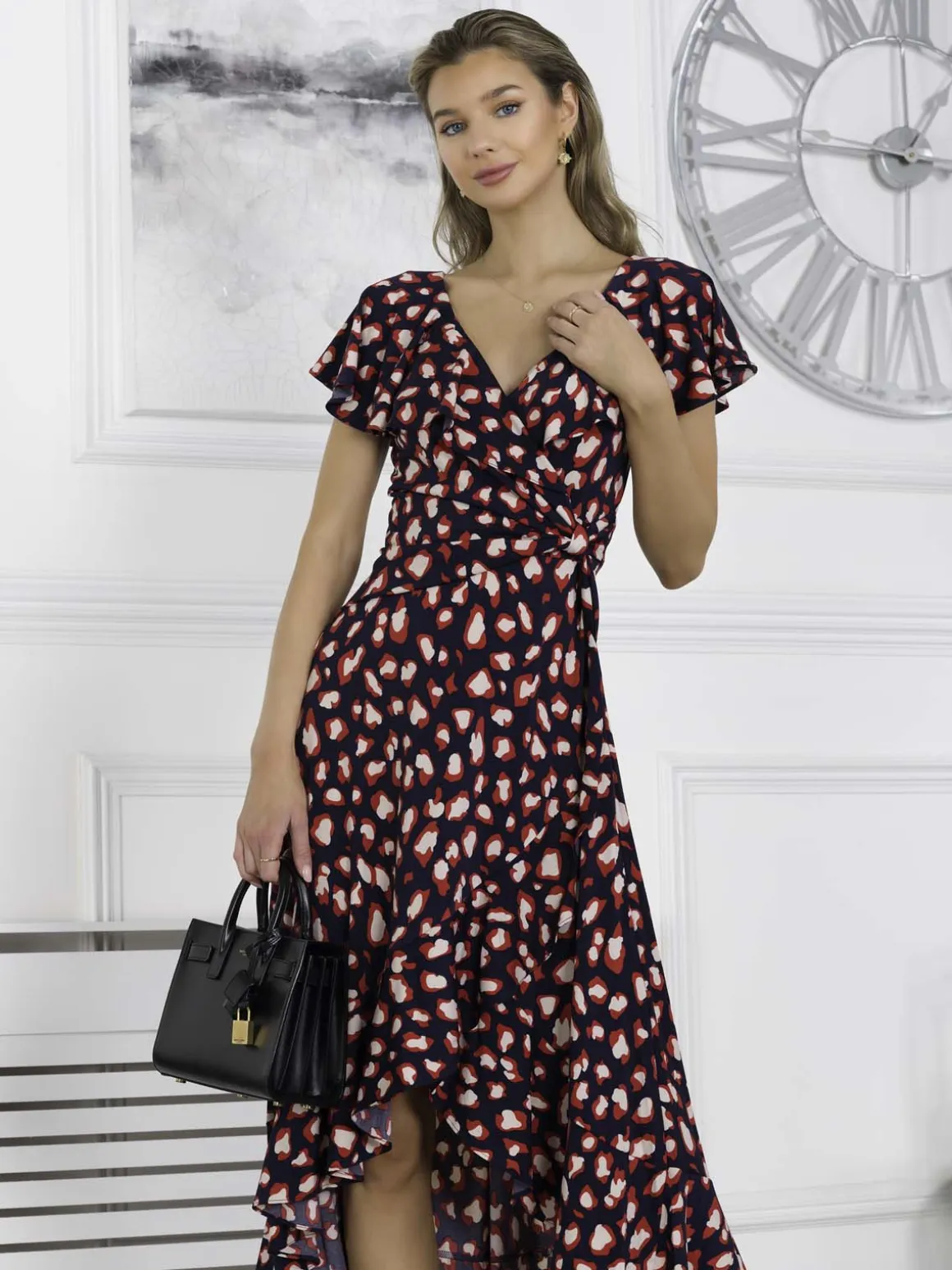 Printed Ruffle Dip Hem Maxi Dress, Navy Animal