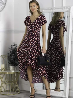 Printed Ruffle Dip Hem Maxi Dress, Navy Animal