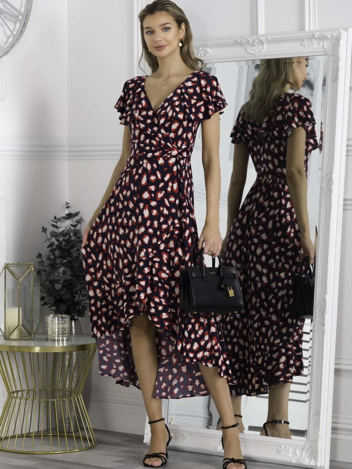 Printed Ruffle Dip Hem Maxi Dress, Navy Animal