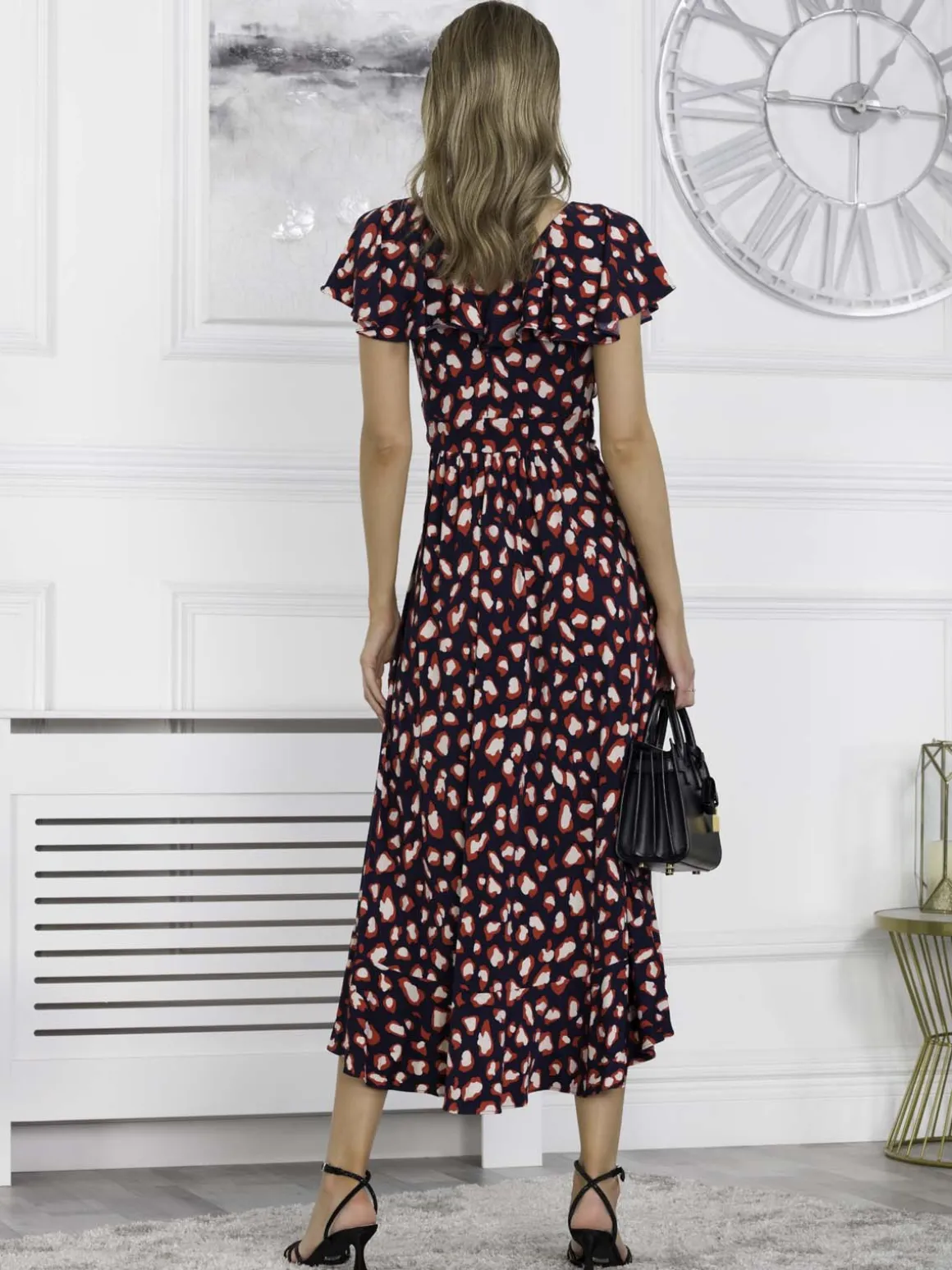 Printed Ruffle Dip Hem Maxi Dress, Navy Animal