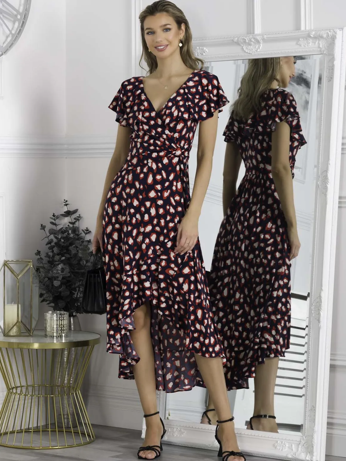 Printed Ruffle Dip Hem Maxi Dress, Navy Animal