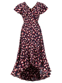 Printed Ruffle Dip Hem Maxi Dress, Navy Animal