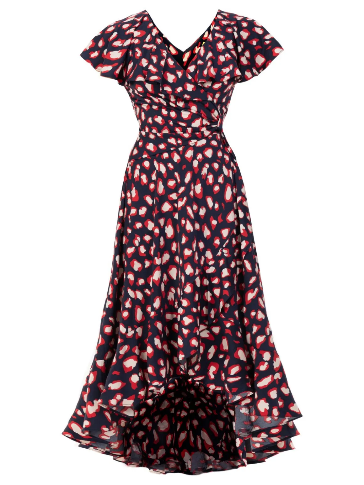 Printed Ruffle Dip Hem Maxi Dress, Navy Animal