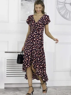 Printed Ruffle Dip Hem Maxi Dress, Navy Animal