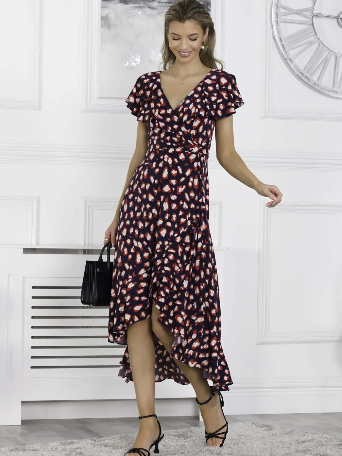 Printed Ruffle Dip Hem Maxi Dress, Navy Animal