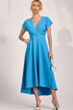 Printed Scuba Dipped Hem Maxi Dress, Blue