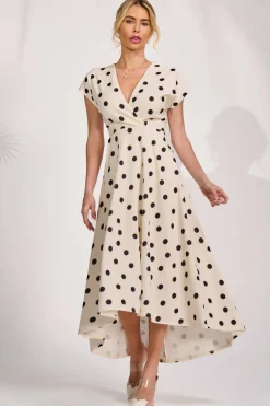 Printed Scuba Dipped Hem Maxi Dress, Cream Spot