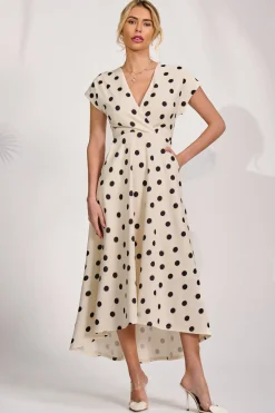 Printed Scuba Dipped Hem Maxi Dress, Cream Spot