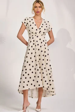 Printed Scuba Dipped Hem Maxi Dress, Cream Spot