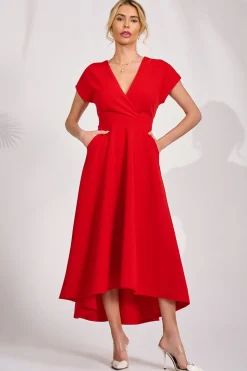 Printed Scuba Dipped Hem Maxi Dress, Red