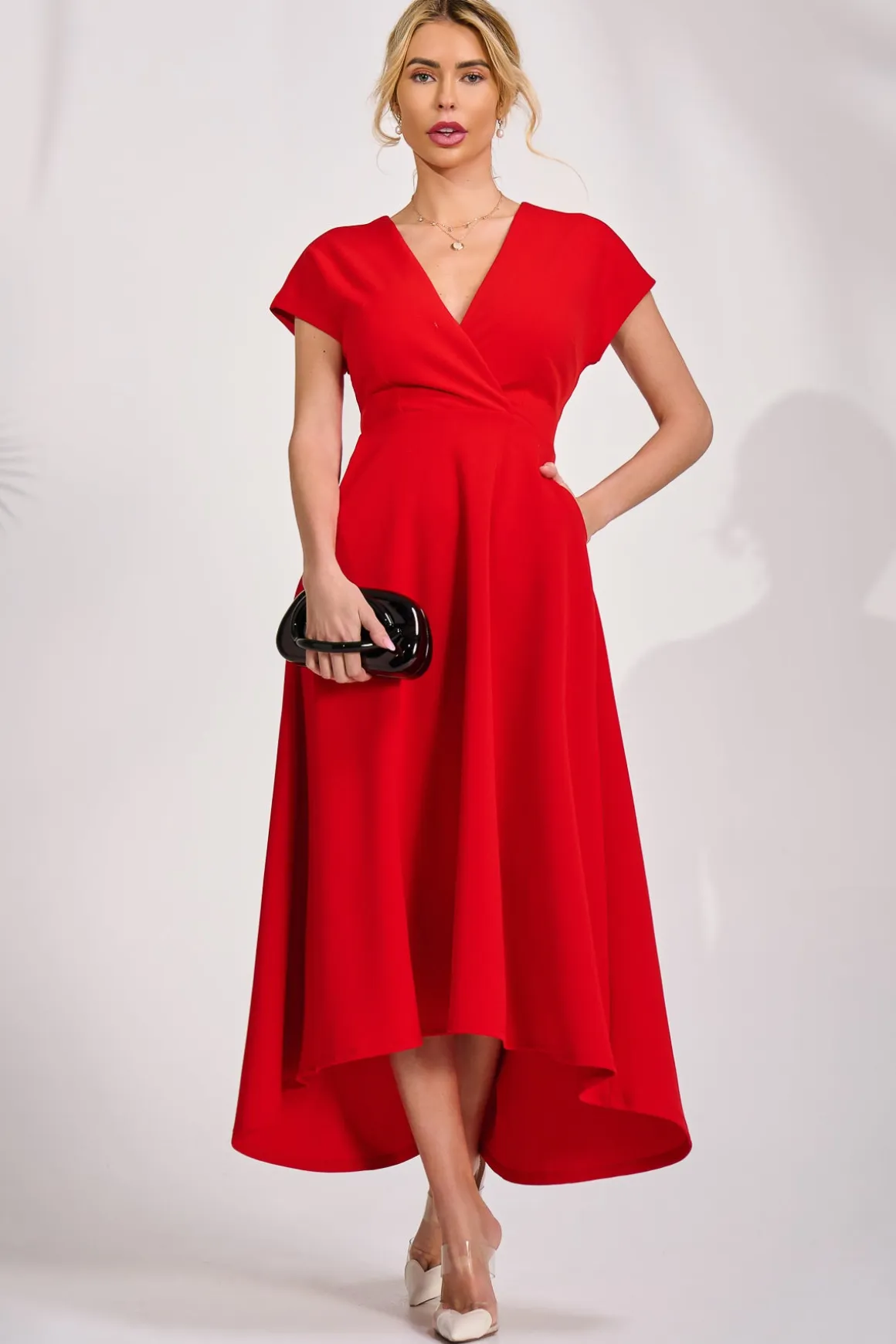 Printed Scuba Dipped Hem Maxi Dress, Red