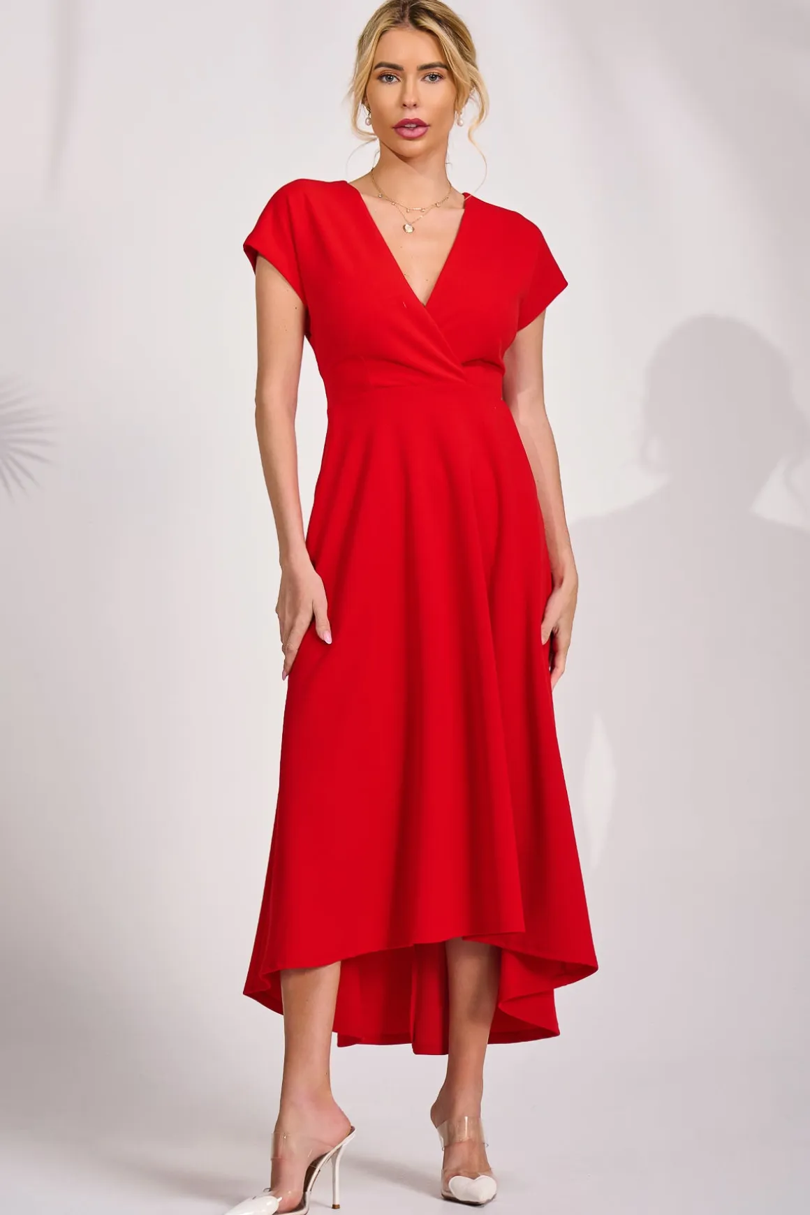 Printed Scuba Dipped Hem Maxi Dress, Red