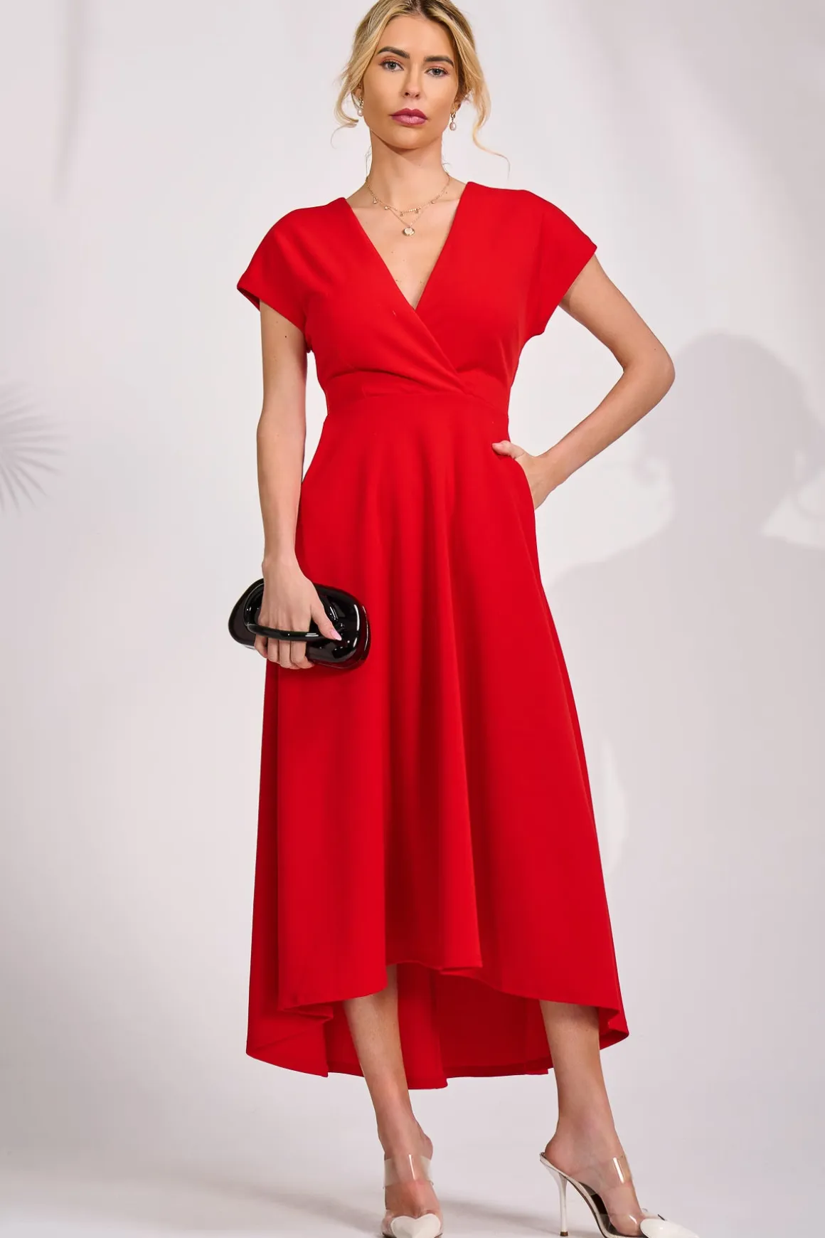 Printed Scuba Dipped Hem Maxi Dress, Red