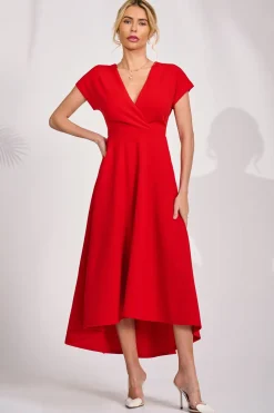 Printed Scuba Dipped Hem Maxi Dress, Red