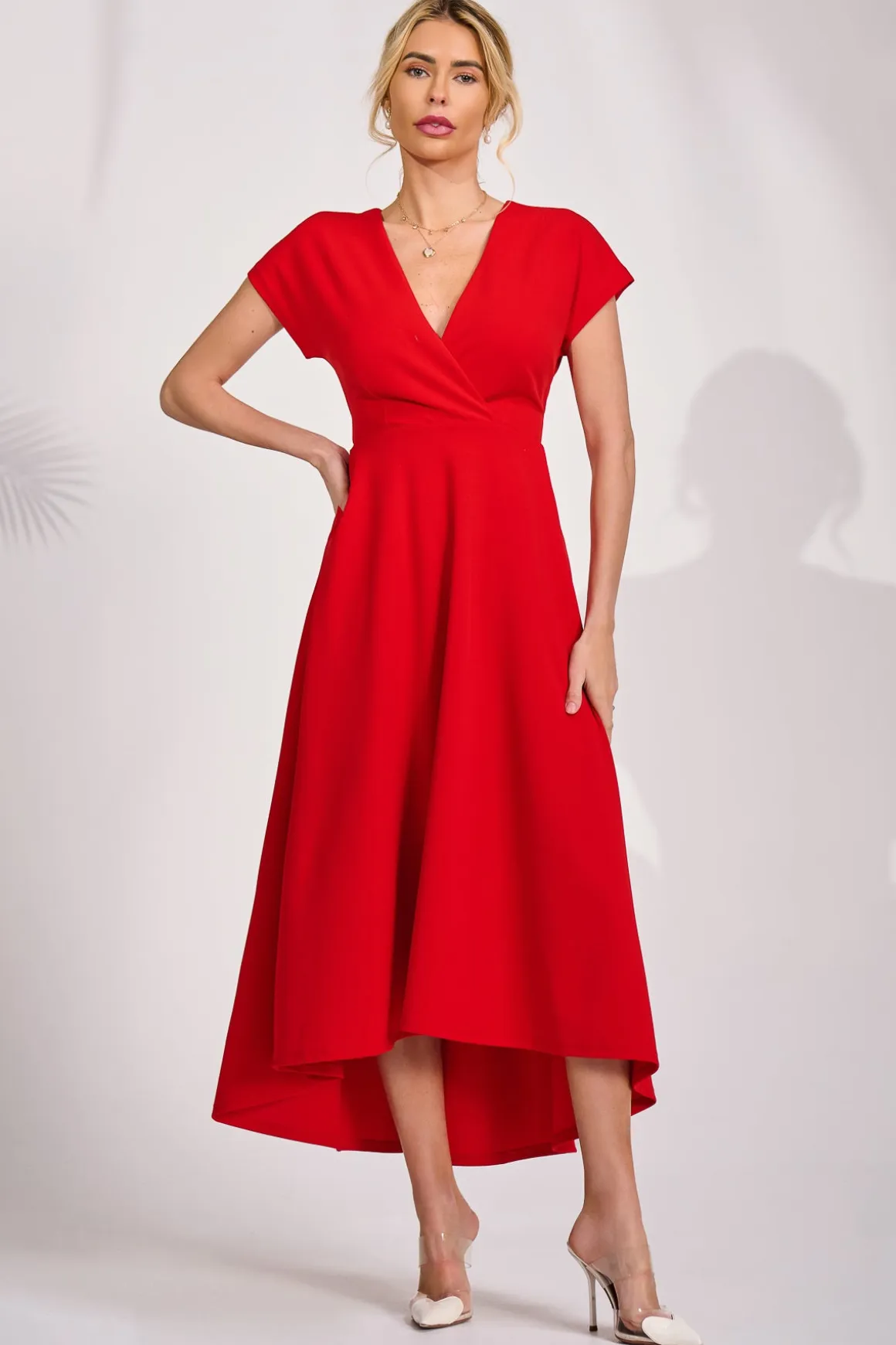 Printed Scuba Dipped Hem Maxi Dress, Red