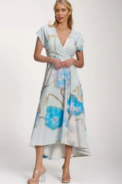 Printed Scuba Dipped Hem Midi Dress, Blue Floral