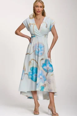 Printed Scuba Dipped Hem Midi Dress, Blue Floral