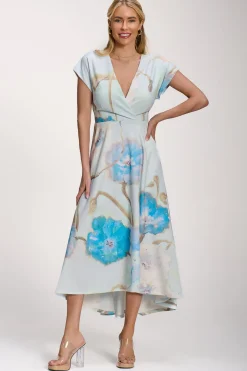 Printed Scuba Dipped Hem Midi Dress, Blue Floral