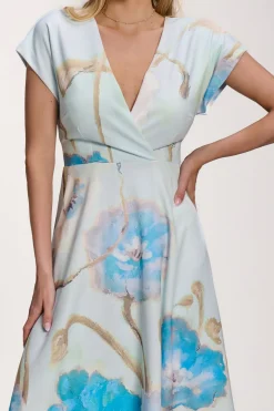 Printed Scuba Dipped Hem Midi Dress, Blue Floral