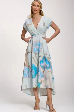 Printed Scuba Dipped Hem Midi Dress, Blue Floral