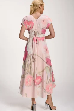 Printed Scuba Dipped Hem Midi Dress, Pink Floral