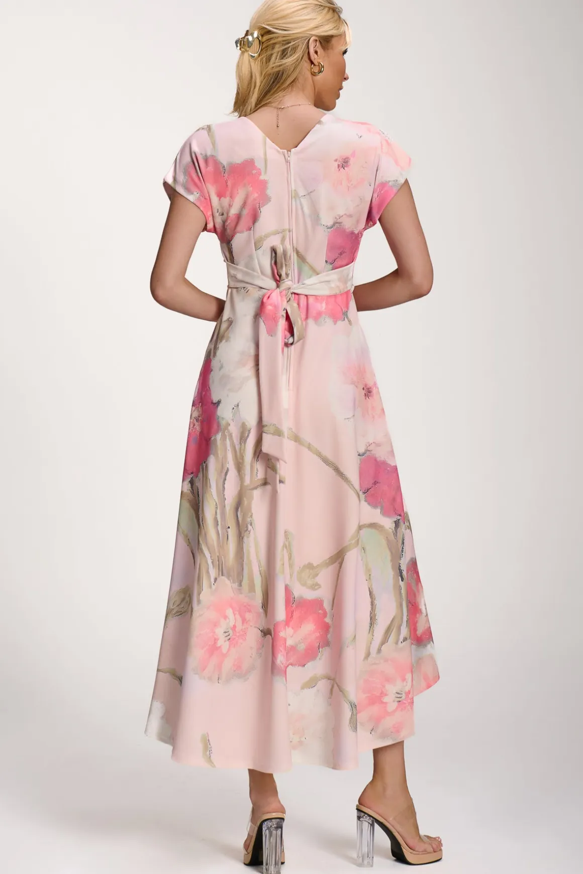 Printed Scuba Dipped Hem Midi Dress, Pink Floral