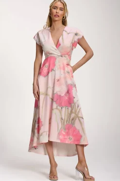 Printed Scuba Dipped Hem Midi Dress, Pink Floral