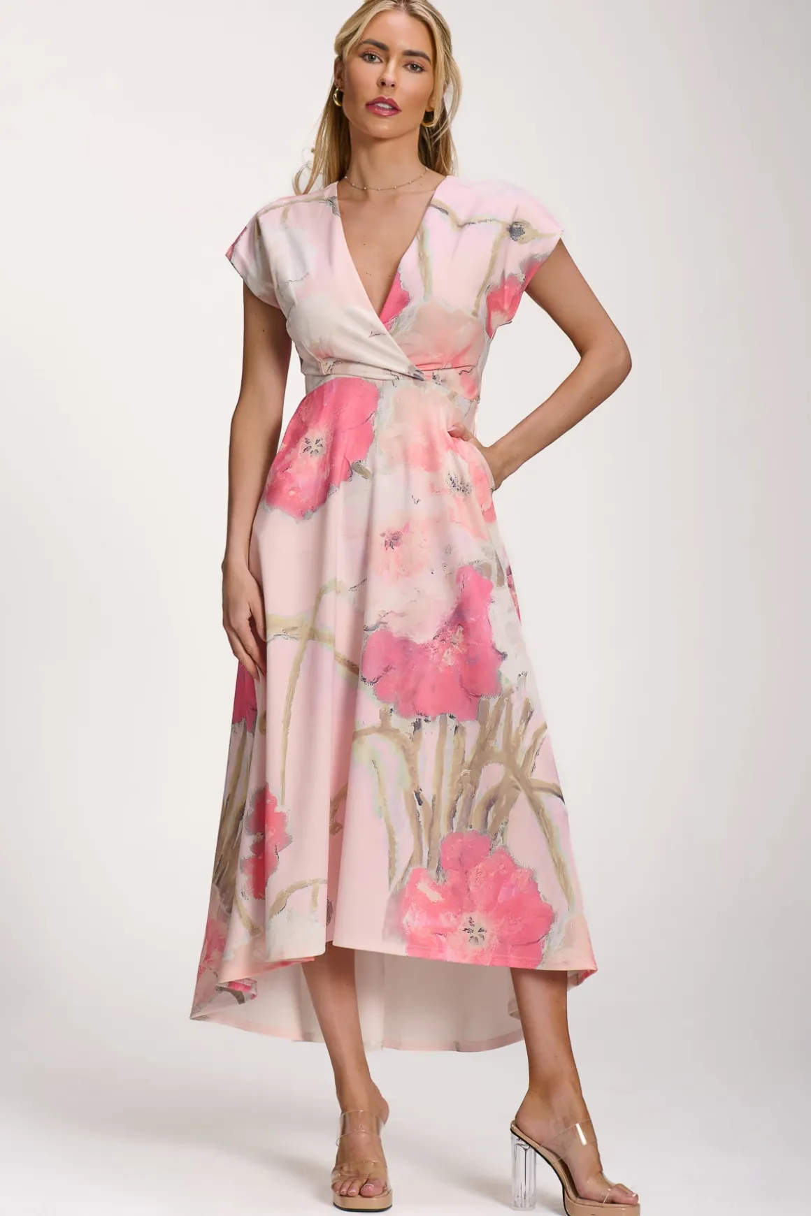 Printed Scuba Dipped Hem Midi Dress, Pink Floral