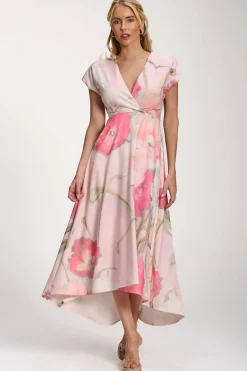 Printed Scuba Dipped Hem Midi Dress, Pink Floral