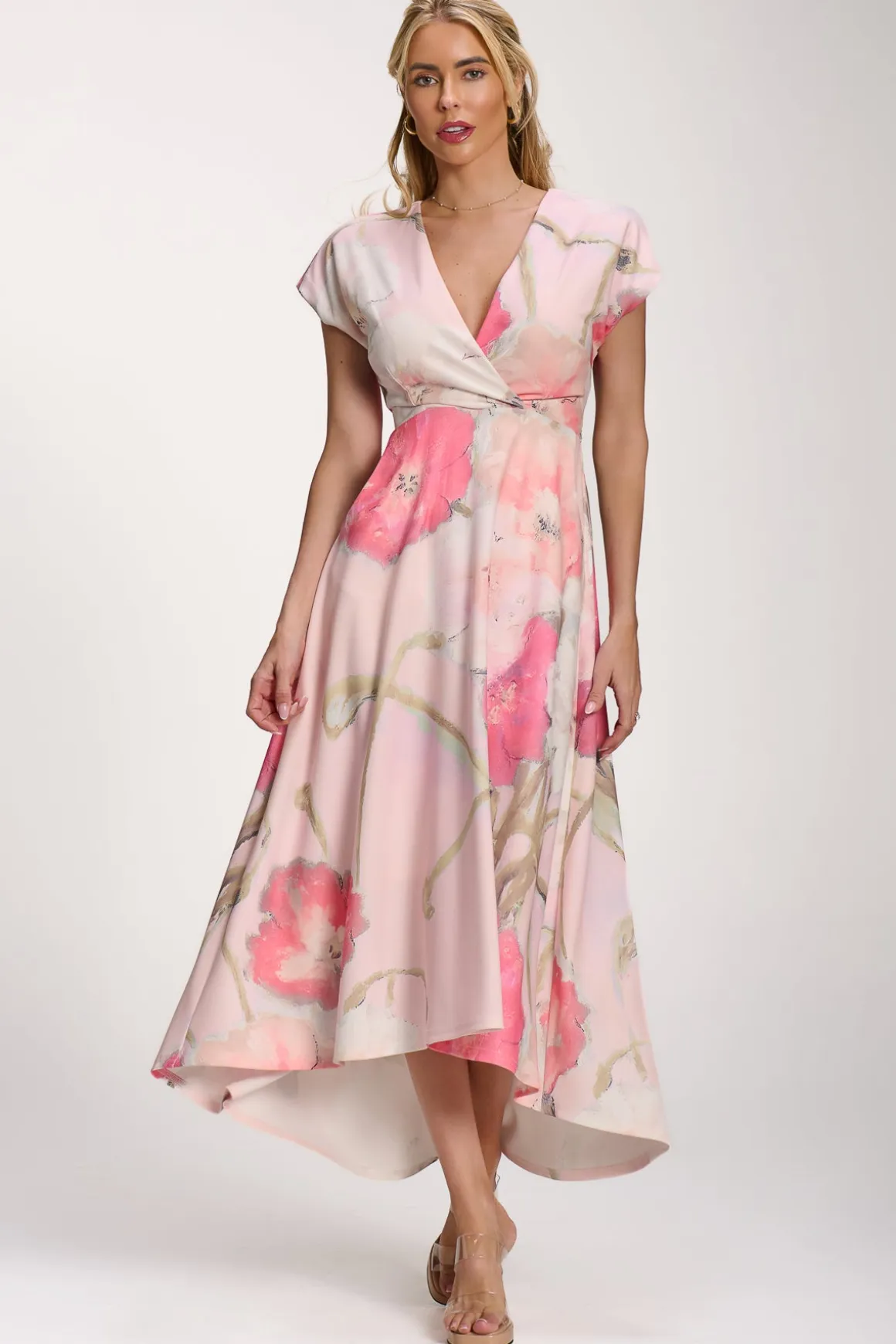 Printed Scuba Dipped Hem Midi Dress, Pink Floral