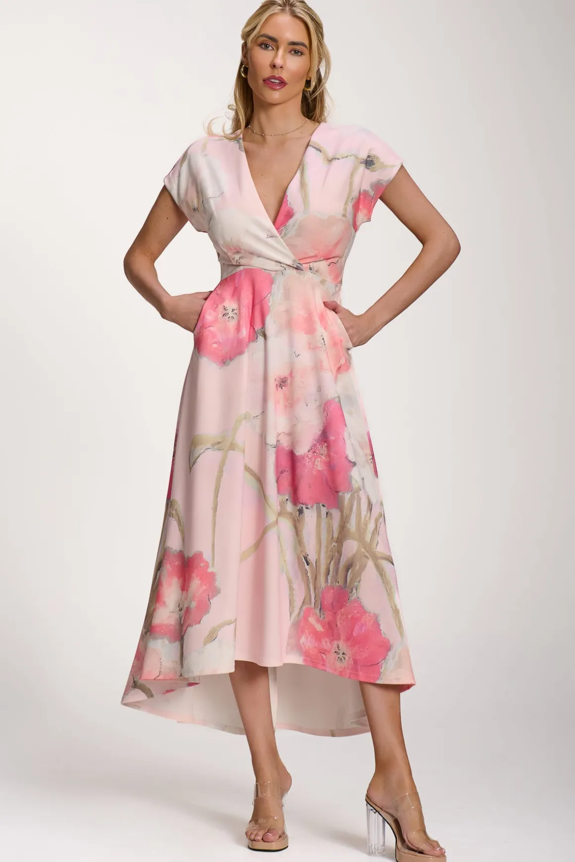 Printed Scuba Dipped Hem Midi Dress, Pink Floral