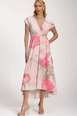 Printed Scuba Dipped Hem Midi Dress, Pink Floral
