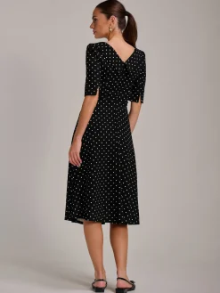 Printed Scuba Fold Collar Midi Dress, Black Polka Dot