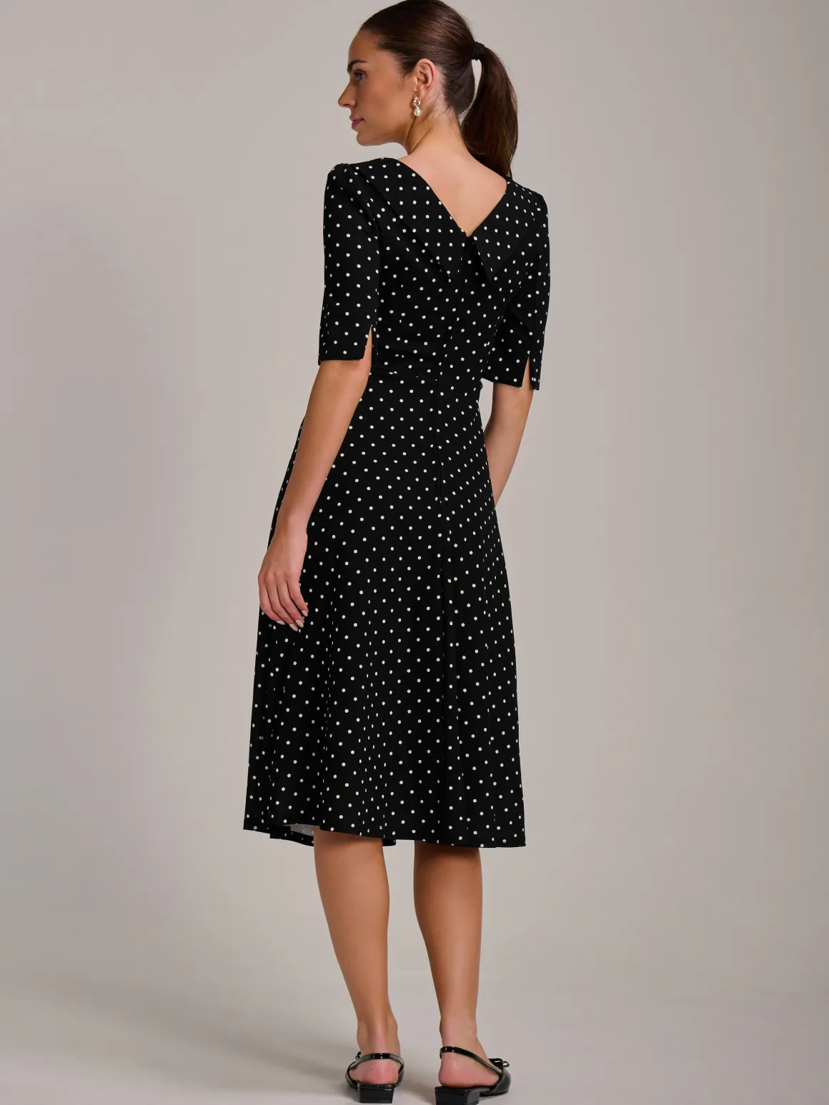 Printed Scuba Fold Collar Midi Dress, Black Polka Dot