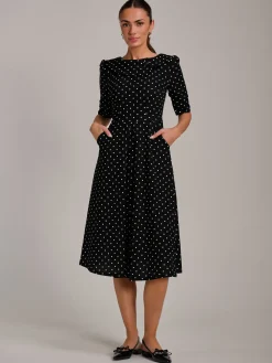 Printed Scuba Fold Collar Midi Dress, Black Polka Dot